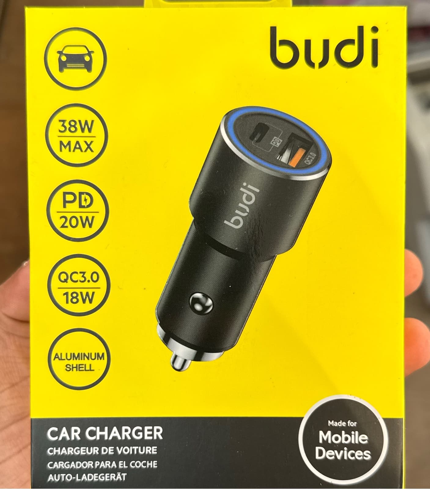 Budi CC628TQB 38W Dual-Port Car Charger, 20W PD + 18W QC 3.0 1