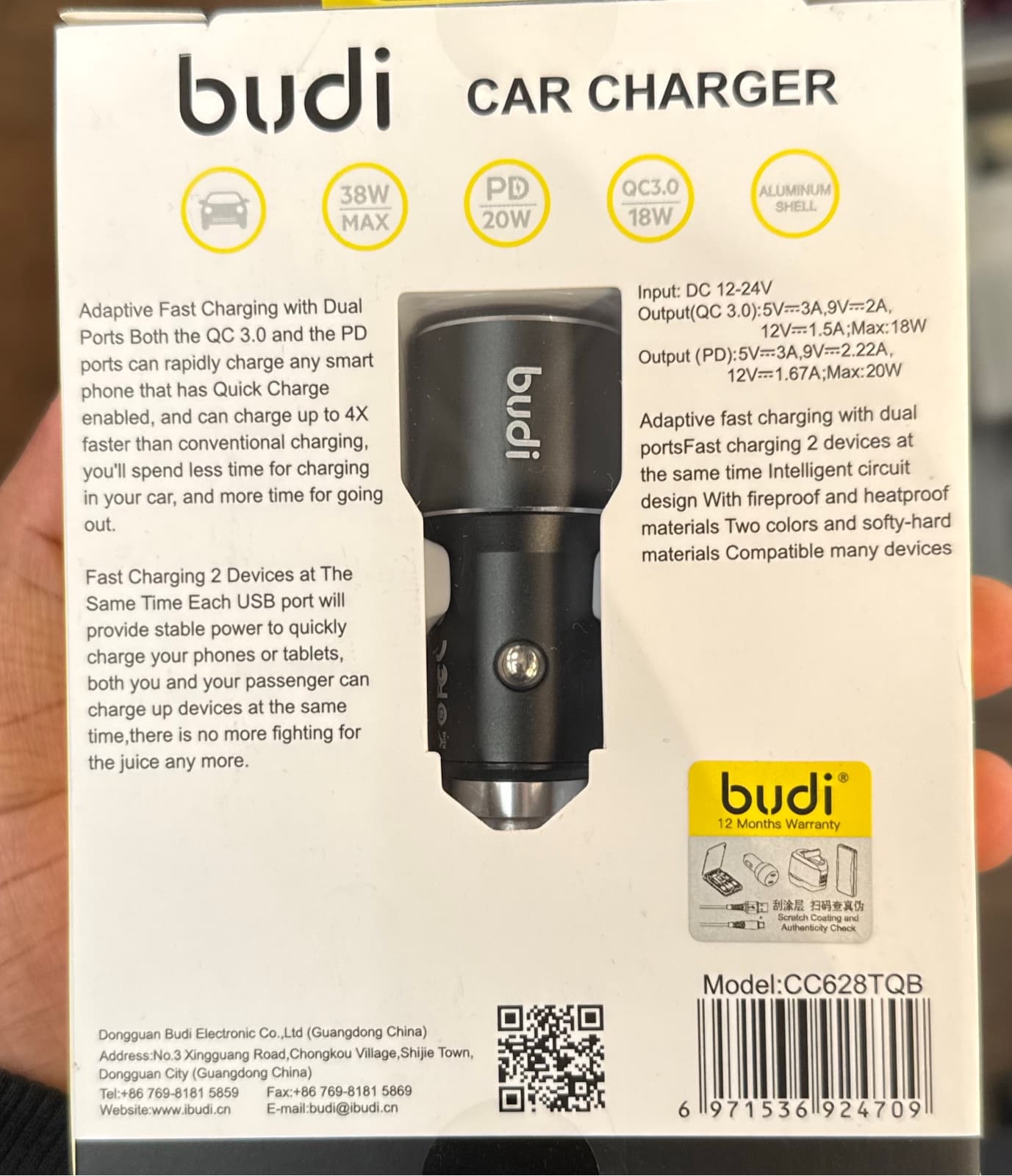 Budi CC628TQB 38W Dual-Port Car Charger, 20W PD + 18W QC 3.0 2