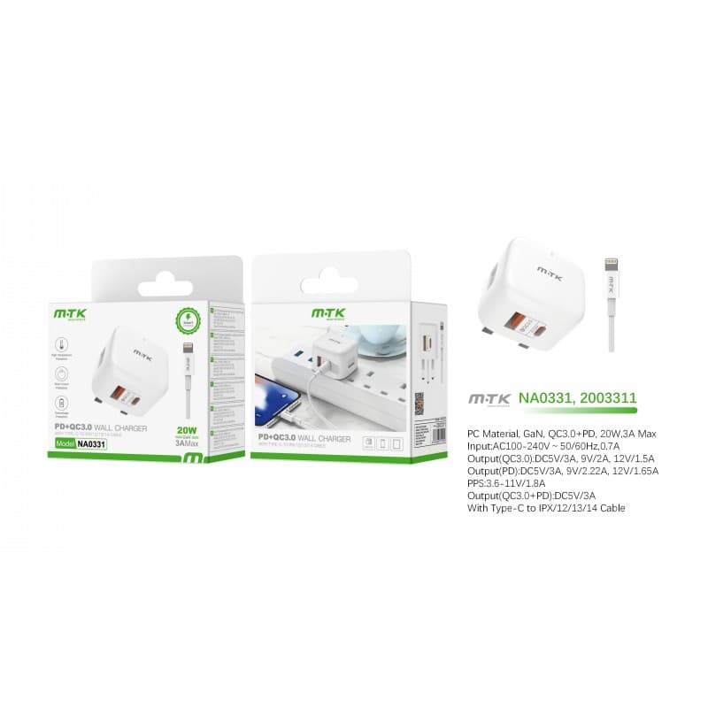 M.TK 20W GaN PD & QC3.0 Wall Charger with USB-C to Lightning Cable